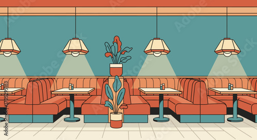 Empty booths and a quiet atmosphere in a vintage retro style diner featuring a surreal plant figure