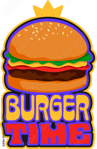 Barbeque burger meat, butchery store Y2K retro sticker or print. Beef grill 60s Y2K vector sticker, steakhouse meat barbeque patch. Steak BBQ label with fast food hamburger and colorful typography