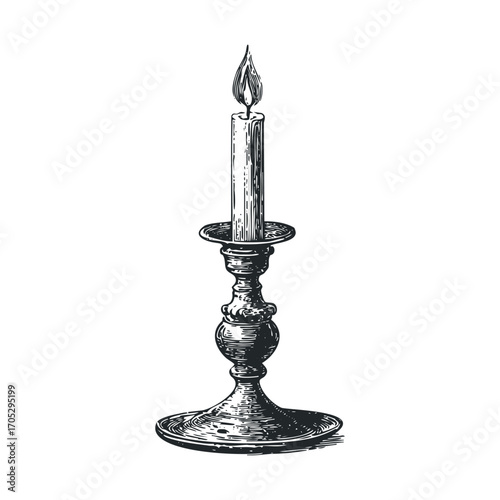 A burning candle in an old, ornate metal holder.