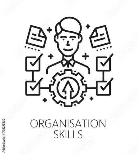 Organization life skills line icon or emblem. Personality life skills outline vector icon, human organization ability symbol. Employee personal quality pictogram with multitasking man character
