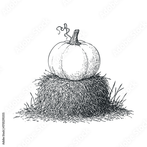 A sketch of a pumpkin resting on a hay bale.