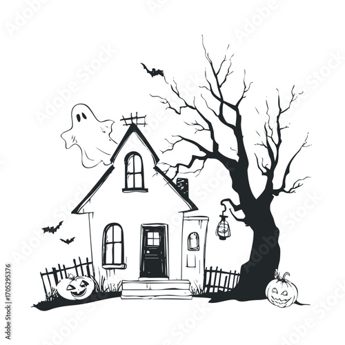 A spooky house with ghosts, pumpkins, and a haunted tree