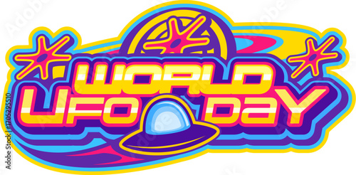 World UFO day space Y2K retro icon or badge. Galaxy alien vintage vector sign, extraterrestrial life funky emblem. Cosmos invader icon or symbol with stars, flying saucer and golden retro typography