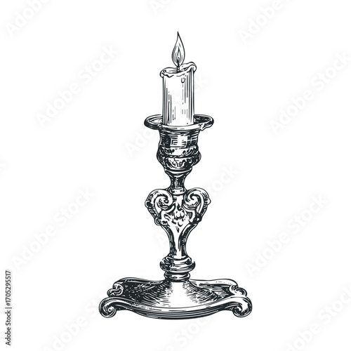 A hand-drawn sketch of a lit candle in a holder.