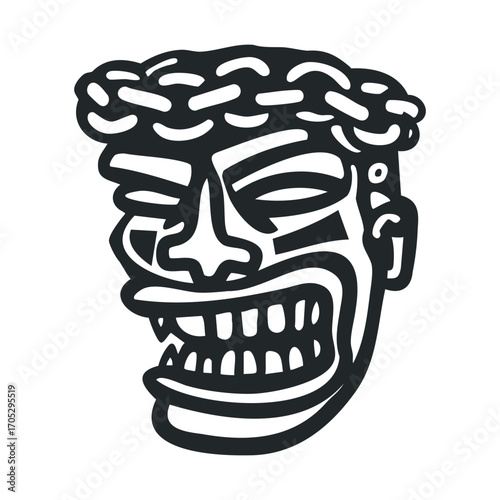 A tribal-style drawing of a grotesque face.