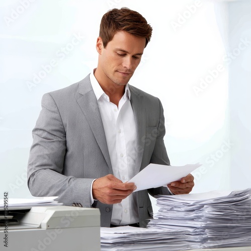 Man scanning documents isoleted on white background.