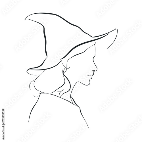 A line drawing of a woman in a pointed hat.