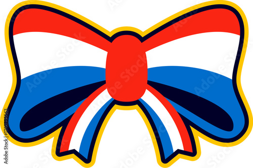 France bow tie retro Y2K sticker or label. European nation flag colors Y2K vector label, Europe country travel souvenir retro patch. French culture tag or sticker with clothing accessory or decoration