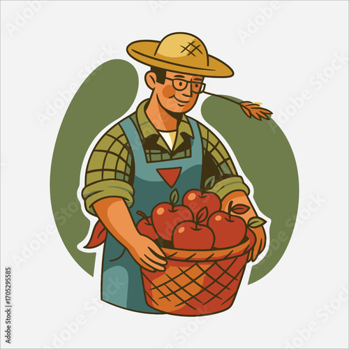 Vector cartoon illustration of farmers harvesting fresh agricultural products. A male farmer carrying a basket filled with vegetables such as tomatoes and carrots, and a happy farmer couple holding go