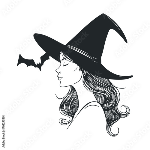 A woman in a witch hat with a bat flying by her.