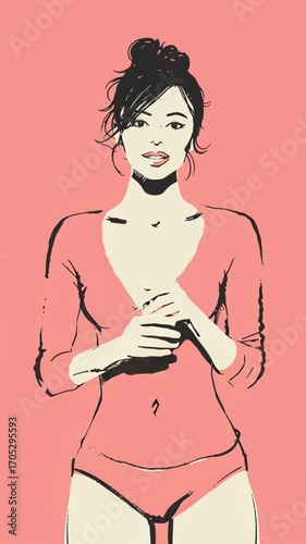 A woman in a pink dress is standing in front of a pink background. 