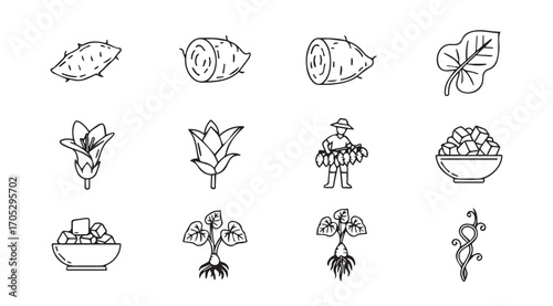 Collection of hand drawn botanical and agricultural silhouettes with a farmer silhouette
