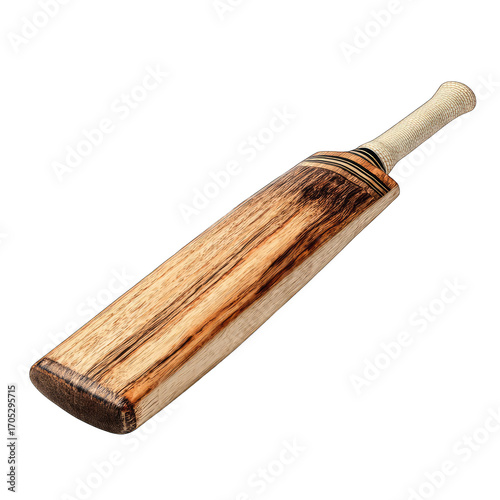 Wooden cricket bat, light colored handle, dark wood blade, intricate grain
