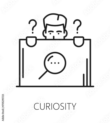 Curiosity life skills line icon or emblem. Personality potential thin line vector icon, people curiosity ability outline sign. Personal life skills pictogram with man character and magnifying glass