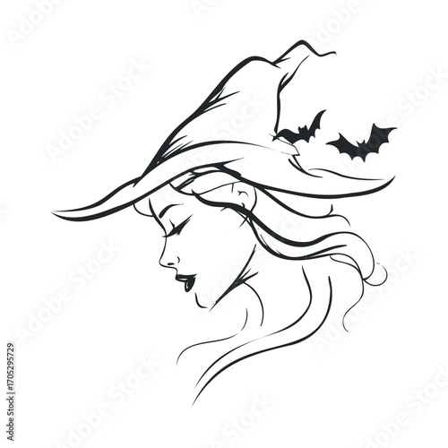 A profile of a woman in a witch hat with bats.
