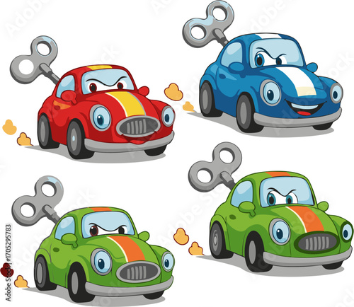 Funny cartoon wind-up toy car characters collection. A set of colorful racing vehicles with various emotions for kids design
