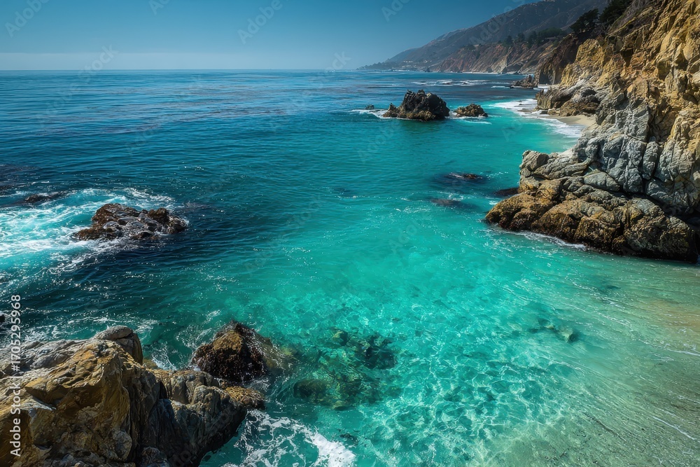 Fototapeta premium Bixby Creek Bridge Coastline: Turquoise Waters and Rocky Cliffs, California Coastline