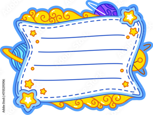 Space Saturn planet and sky clouds kids memo note frame. Blue sky kids schedule frame, universe to do list vector label. Cosmos child scrapbook sticker or memo note with planets, clouds and stars