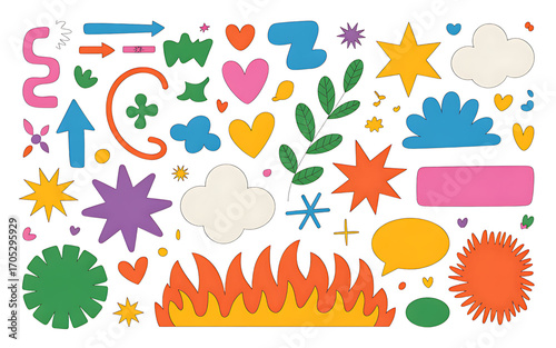 Abstract colorful shapes and elements collection with arrows, stars, hearts, and flames, isolated on transparent background