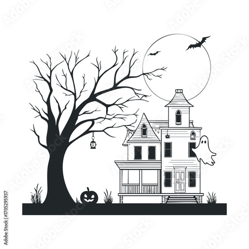 A spooky house with a ghost, bare tree, and moon.