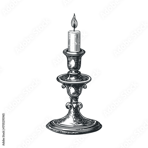 A hand-drawn, lit candle in an ornate holder.
