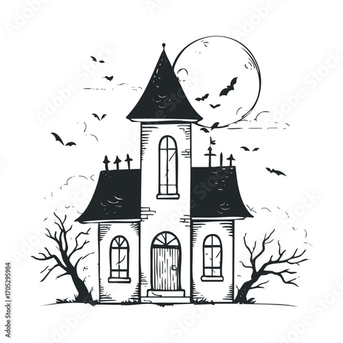 A spooky house with a moon, bats, and two bare trees.