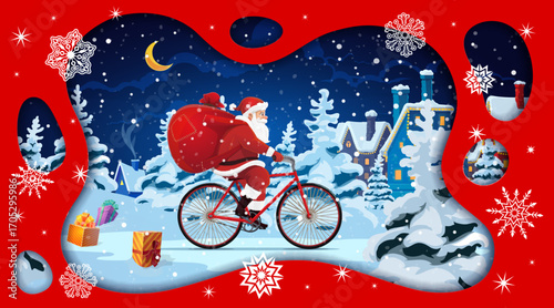 Christmas paper cut greeting card with Santa on bicycle with gift bag, vector Xmas holiday. Cartoon cute Santa character delivering Christmas gifts by bike from snow forest to town in paper cut frame
