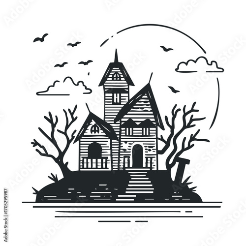A spooky haunted house on a hill with a moon and bats.