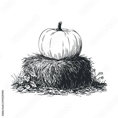 A hand-drawn pumpkin sitting on a hay bale.