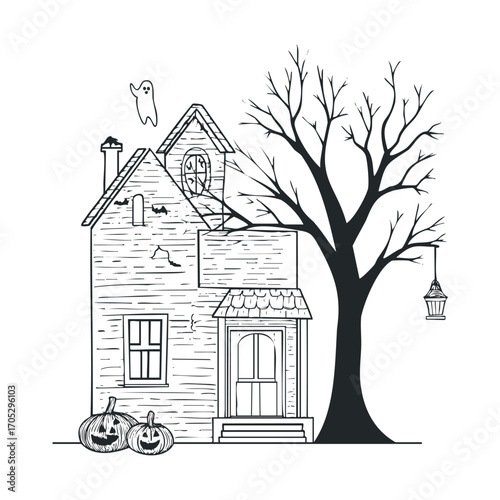 A spooky haunted house with a bare tree and pumpkins.