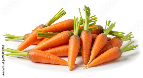Heap of Fresh Baby Carrots with Green Tops, Isolated on a Clean White Background, Healthy Snack