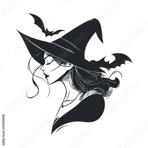 A woman in a witch hat with bats flying around her.