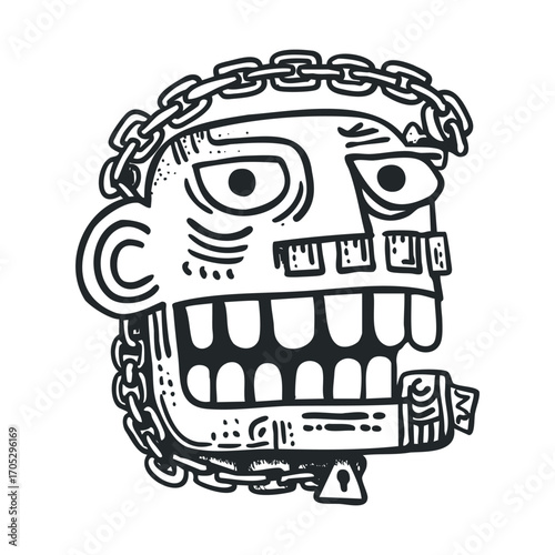  A grotesque face with a chain and padlock.