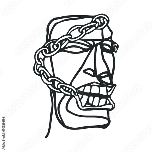 A face with chains and a monstrous mouth.