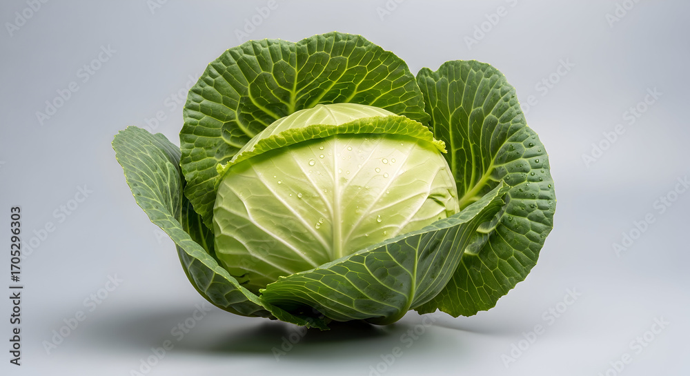 Fototapeta premium Fresh Green Cabbage Head with Water Droplets, Isolated on a Soft Grey Studio Background