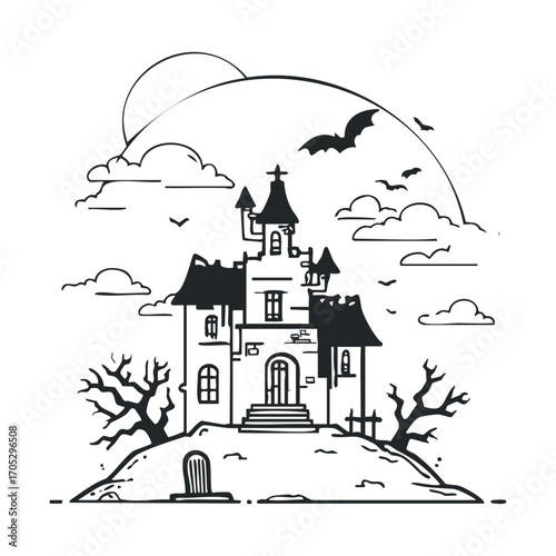 A line drawing of a haunted house on a hill with bats and a moon.