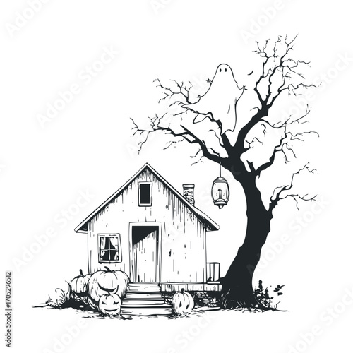 A drawing of a spooky house with a ghost and pumpkins.