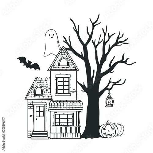  A line drawing of a haunted house with a tree, ghost, and pumpkin.