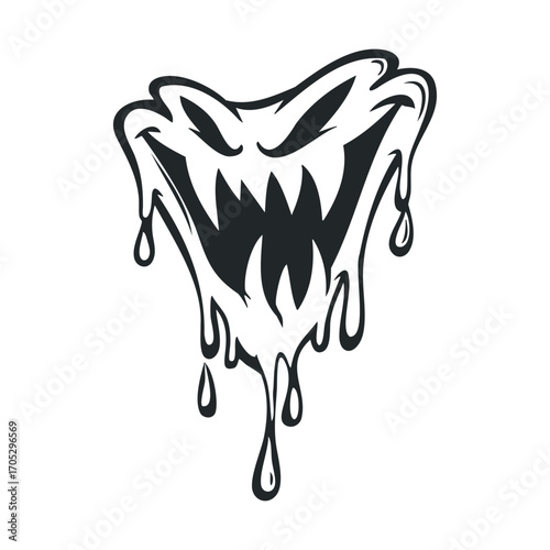 A spooky, dripping ghost face with a monstrous grin.