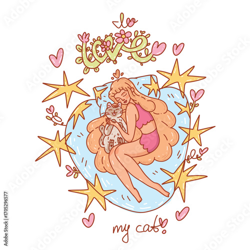 Vector illustration of a young girl lying on the bed, gently hugging her fluffy cat. Cozy, tender and heartwarming scene on white background.