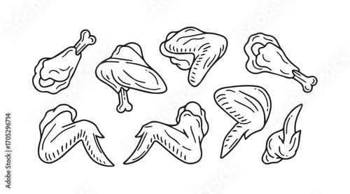 Collection of raw chicken pieces in a simple line drawing silhouette