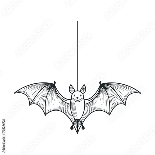 A simple drawing of a bat hanging upside down.