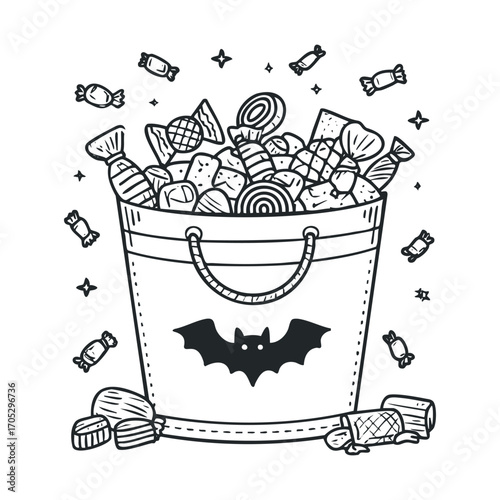 A bucket overflowing with assorted candies and sweets.