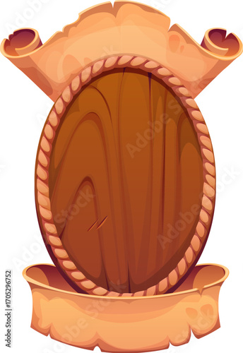 Cartoon wooden round sign with decorative scroll accents and a blank banner. Cartoon vector pirate signboard, frame and heraldry icon for game interfaces, fantasy maps, medieval adventure menu border