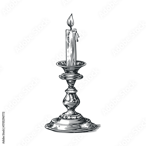  A line drawing of a lit candle in an ornate candlestick.

