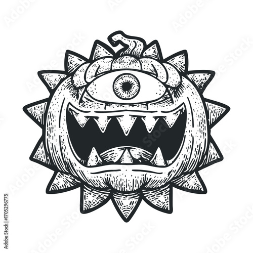 A spooky, spiky pumpkin with one large eye and a wide grin.