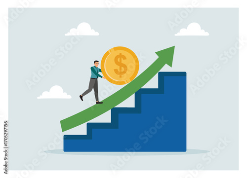 Business growth concept with man pushing a coin up a graph arrow.