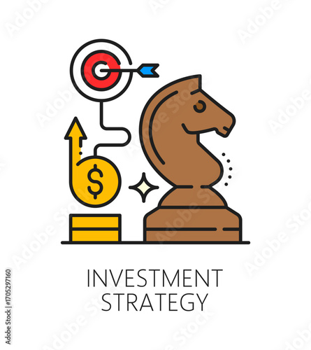 Investment strategy, finance color line icon or symbol. Business trade fund lineart vector icon, investor strategy outline sign. Capital investment pictogram with chess horse, golden coins and target