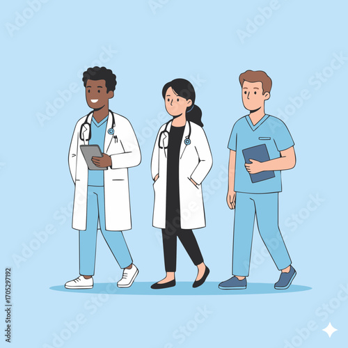 Diverse team of medical professionals with doctors and a nurse walking together. Flat vector healthcare staff illustration