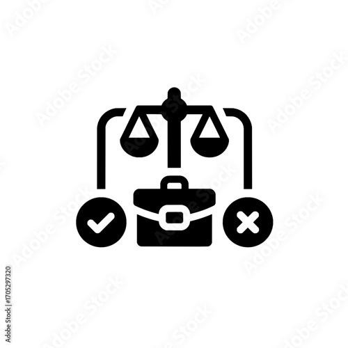 Legal Case Icon Scales of Justice, Briefcase, Checkmark, and Cross